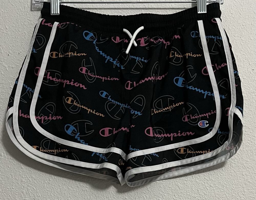 Champion Girls Black Logo Print Athletic Shorts Drawstring Elastic Waist 14/16
